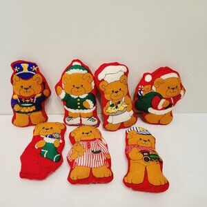 7 TEDDY BEAR Plush Fabric Christmas Holiday Dressed Up Baker Drummer Santa Decor